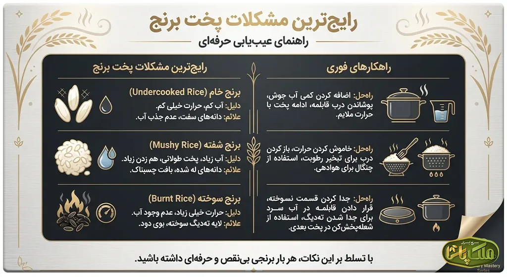 رایج‌ترین مشکلات در پخت برنج و راهکارهای فوری