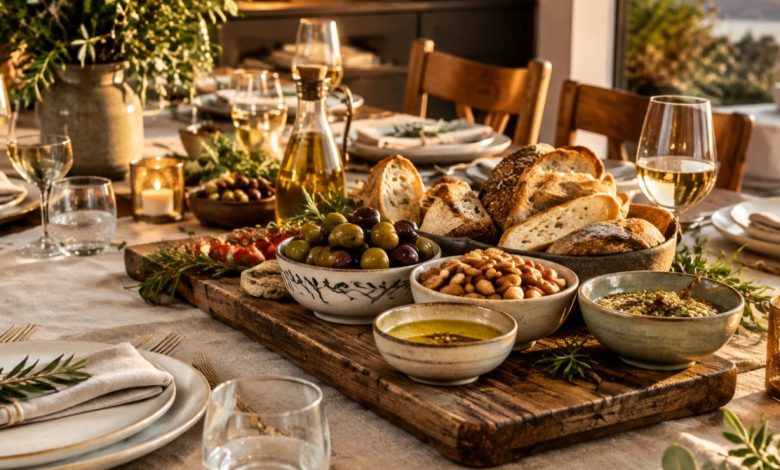 چیدمان اصولی و لوکس میز میزبانی با ظروف پذیرایی مدرن و تخته سرو چوبی سله بن